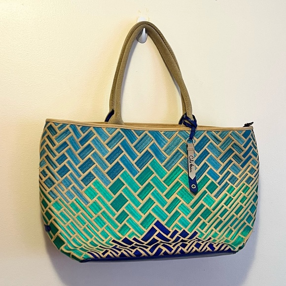 Cole Haan early 2000s pre-loved Embroidered Blue and Green Gradient Shoulder Bag - Picture 1 of 12